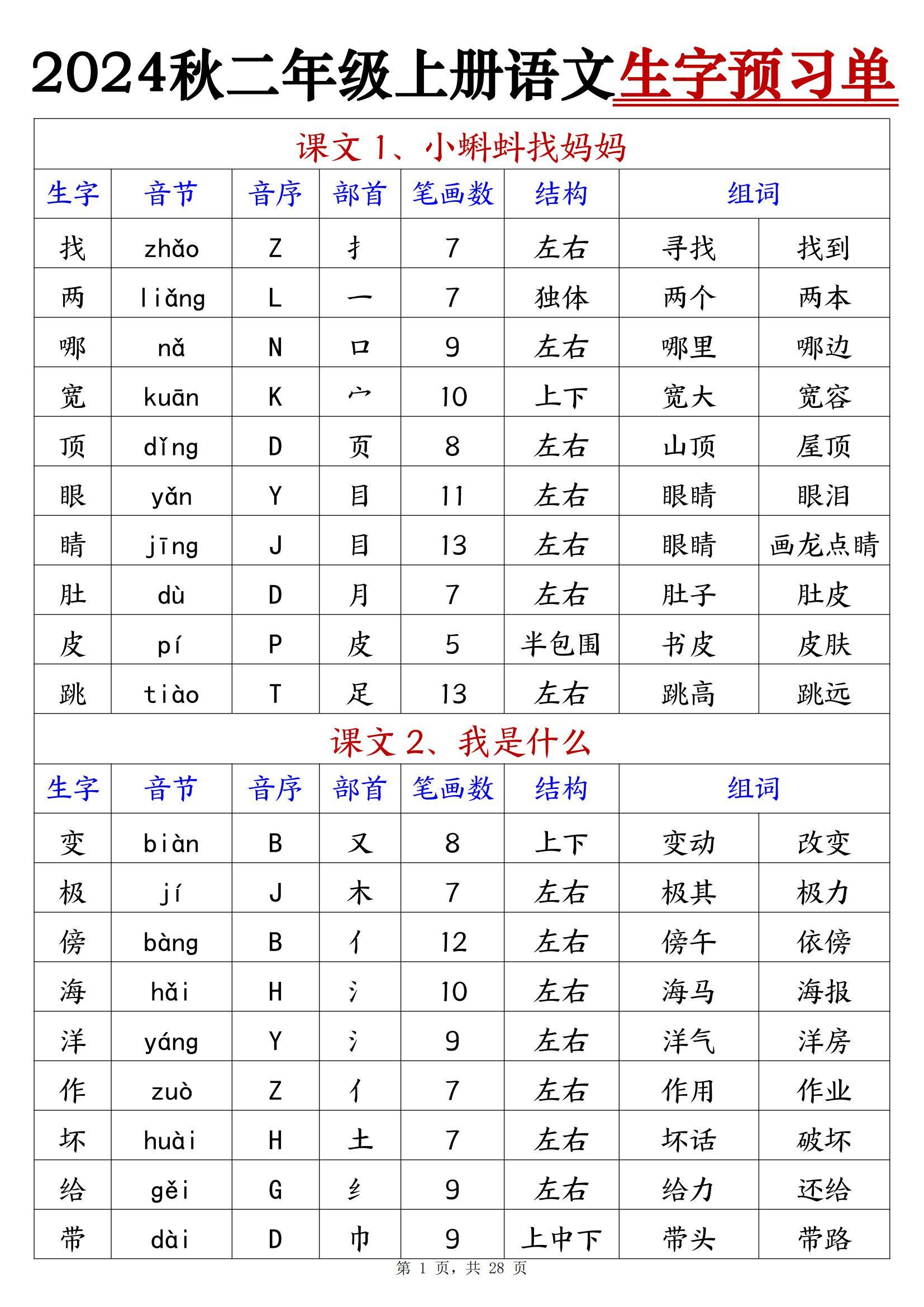 二年级语文上册的生字预习单+预习卡生字的拼音音序部首笔画和组词电子可打印